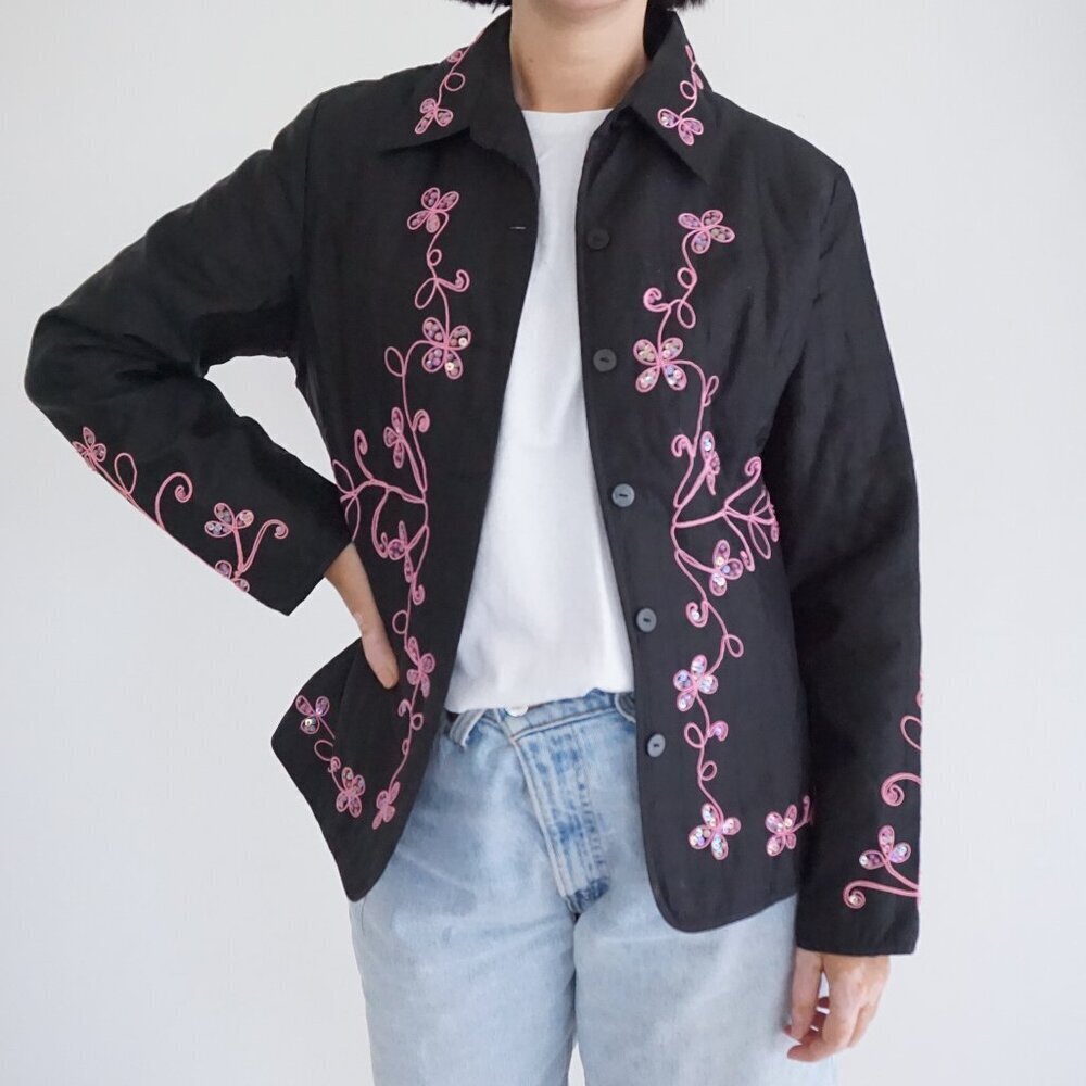 Vintage Carole Little Black Pink Floral Silk Beadwork Jacket Artsy Boho M
